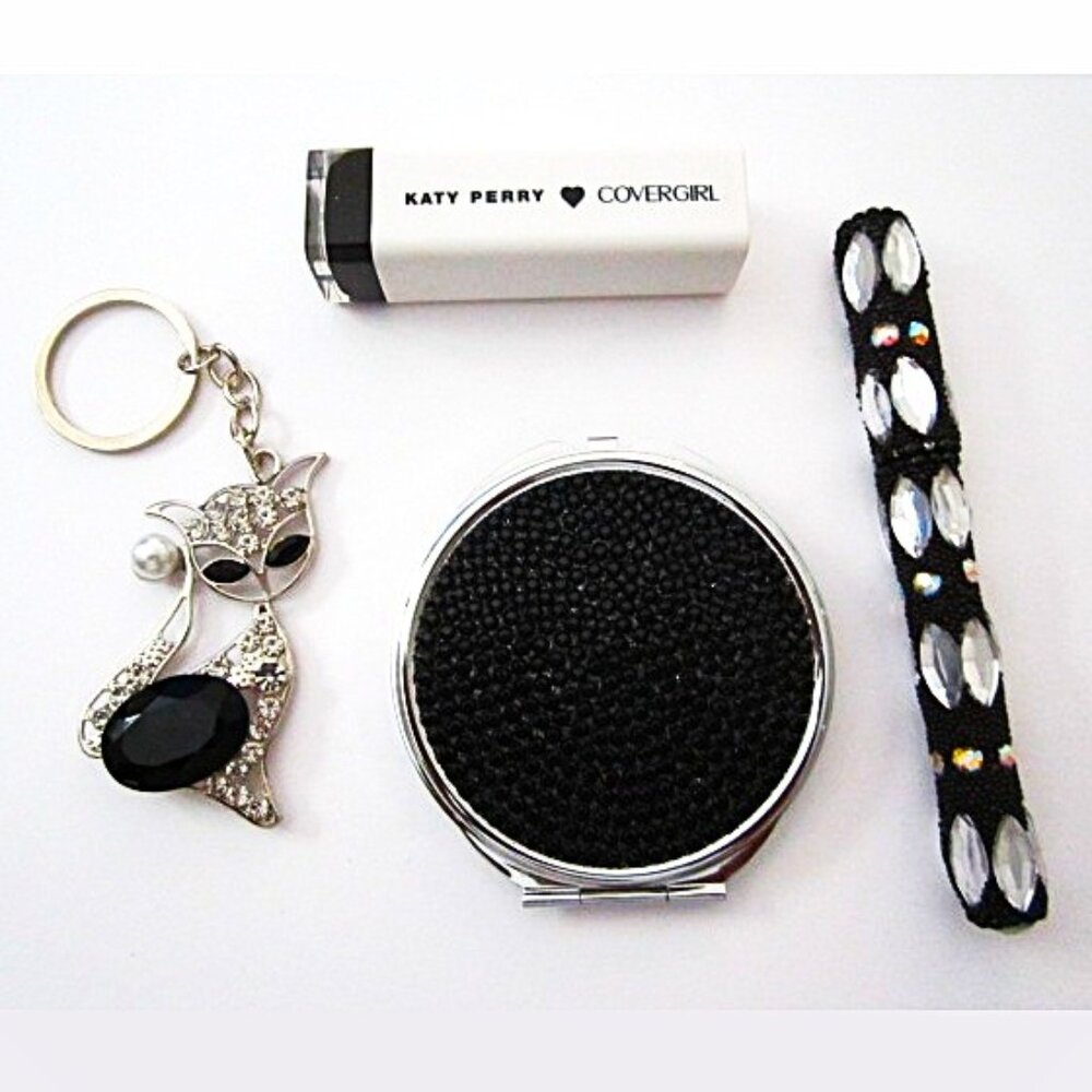 Black Cat Cover Girl Katy Perry Lip Stick Compact Mirror Ink Pen Keychain NEW